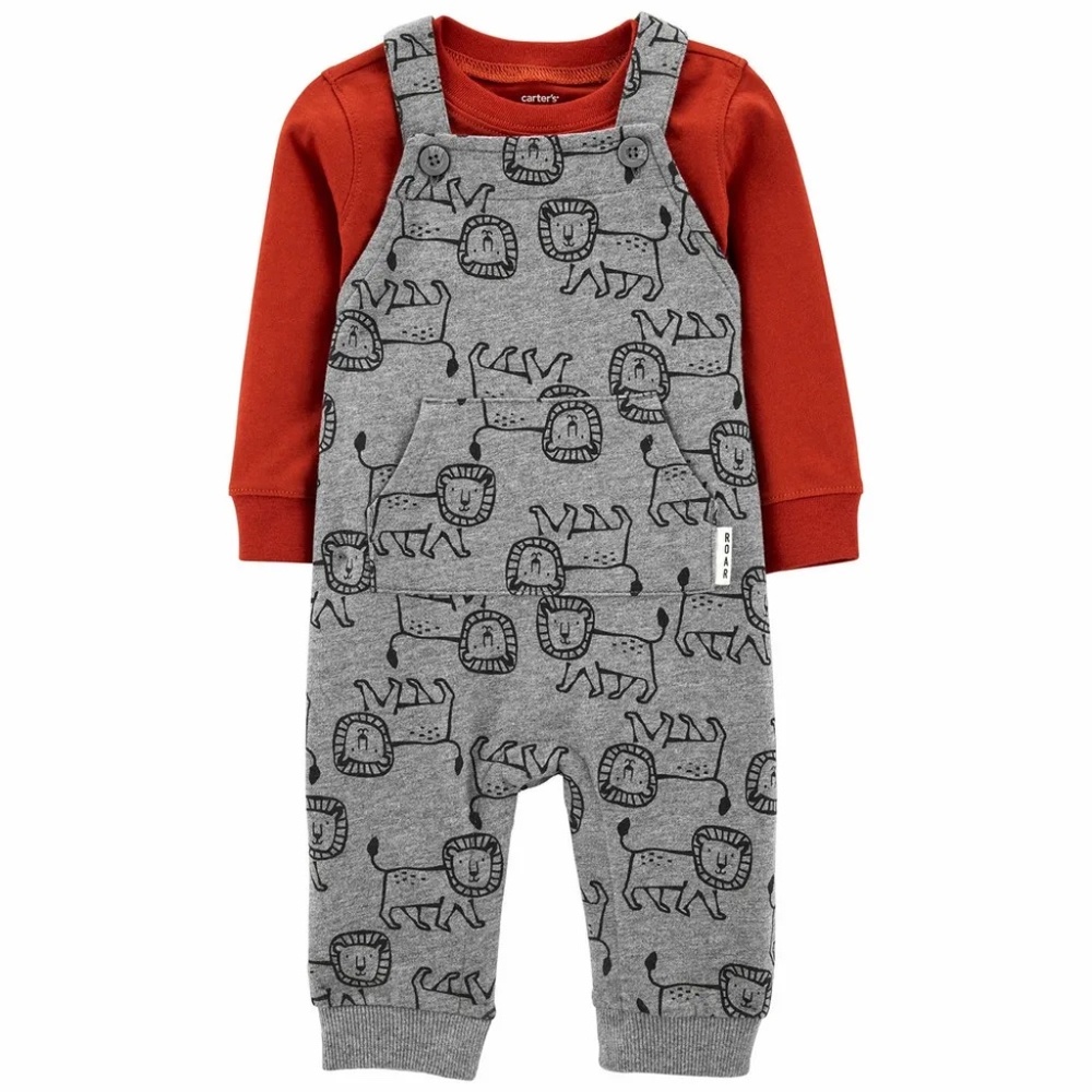 EUC Carter's 2-Piece Lion Print Tee & Overall Set - Gray/Burnt Orange - Newborn